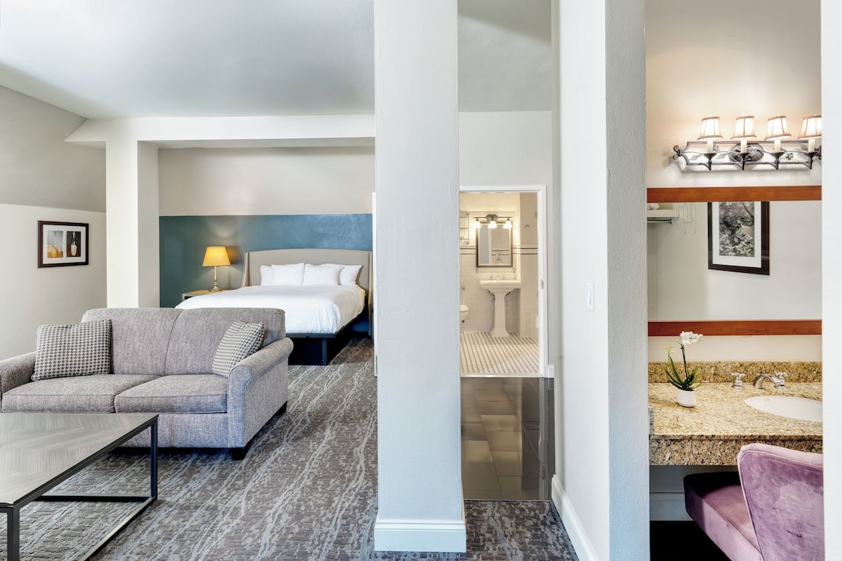 Une chambre d’hôtel comprenant un lit, un canapé, une table basse et une salle de bain avec un lavabo et un miroir.