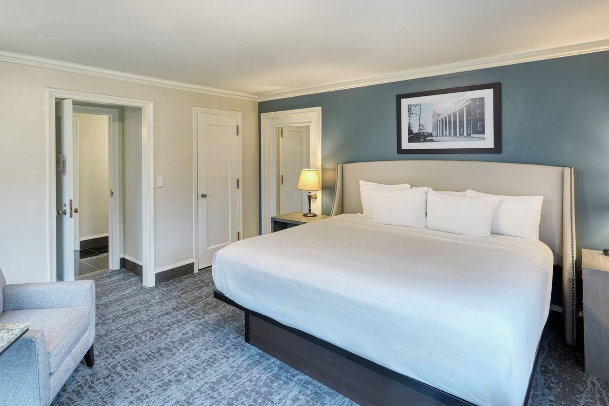 Une chambre d’hôtel avec un grand lit, une chaise, une table de chevet et un tableau encadré au mur.
