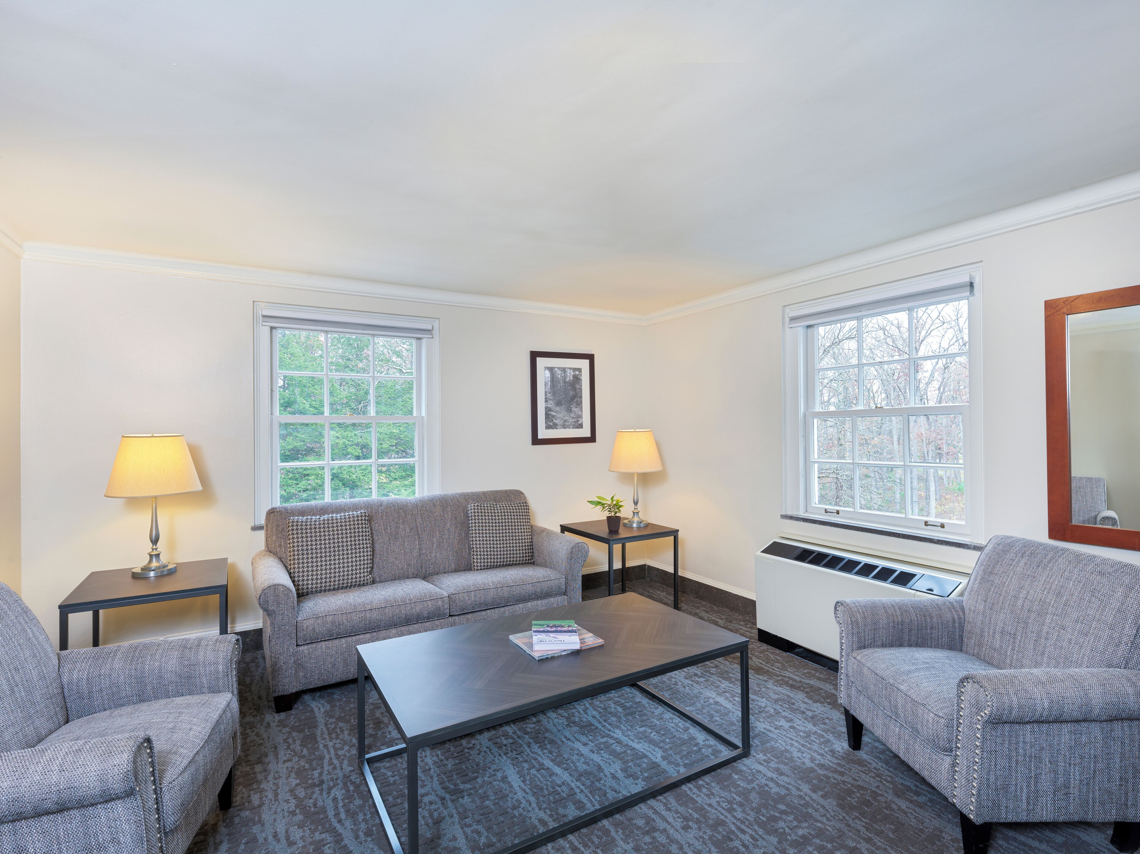 A living room with a grey sofa, two armchairs, a coffee table, and two lamps. There are two windows with blinds, a framed picture on the wall, and a radiator.
