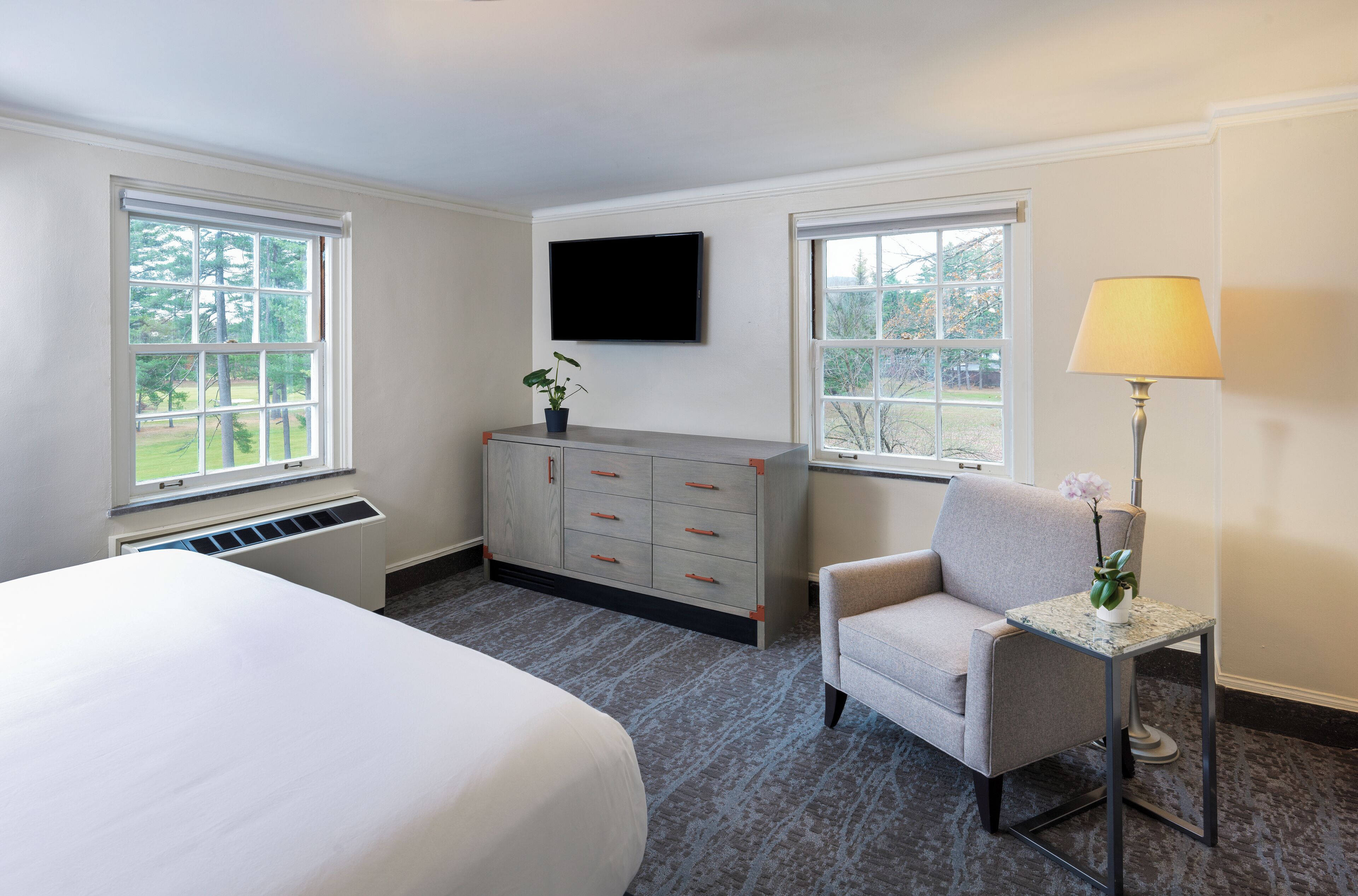 A hotel room with a bed, a dresser, a chair, a TV, and windows with a view of trees.