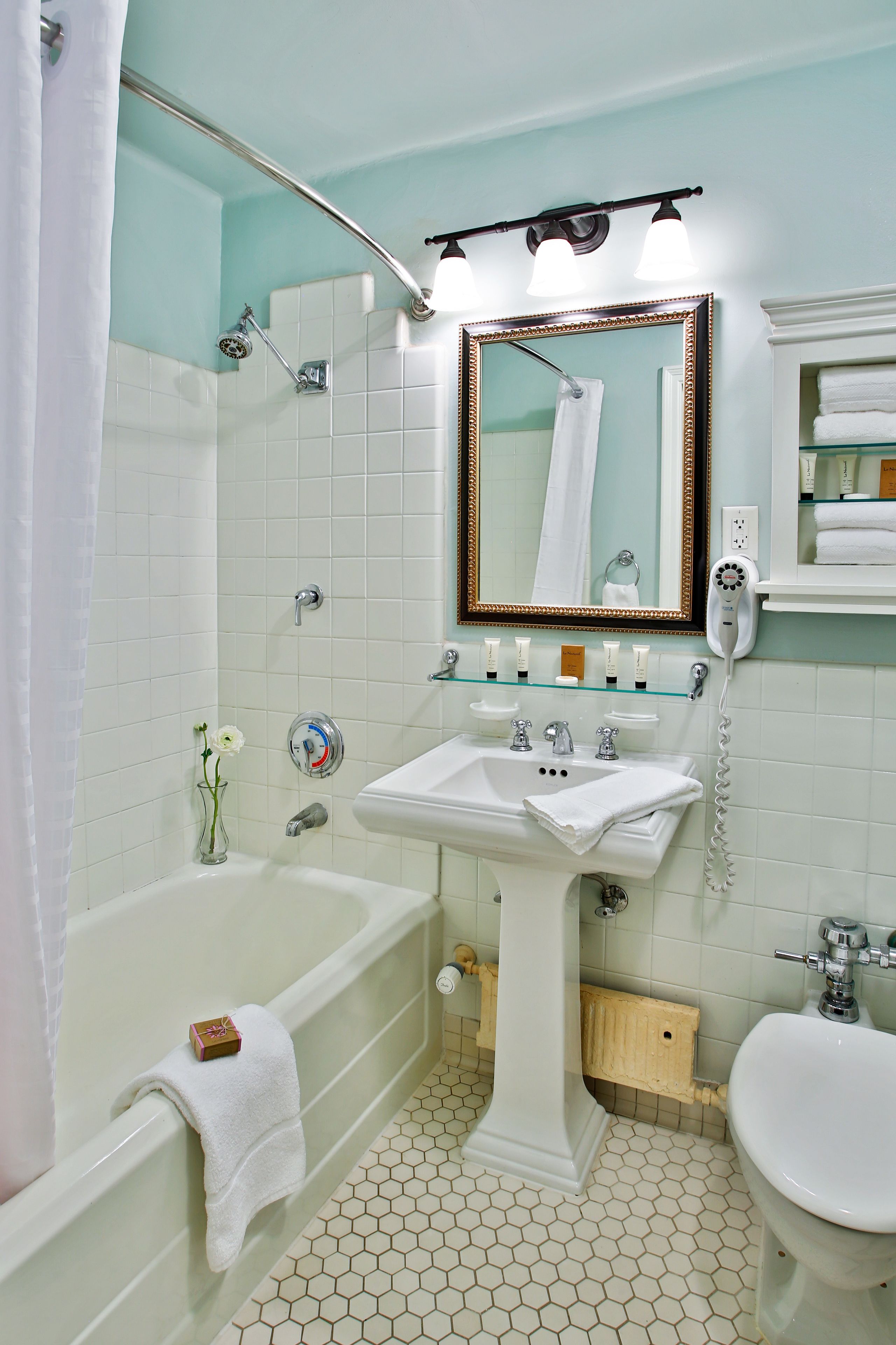 combined shower/bathtub, free toiletries, hair dryer, towels