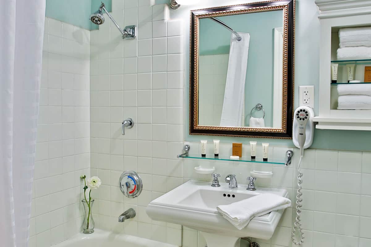 combined shower/bathtub, free toiletries, hair dryer, towels