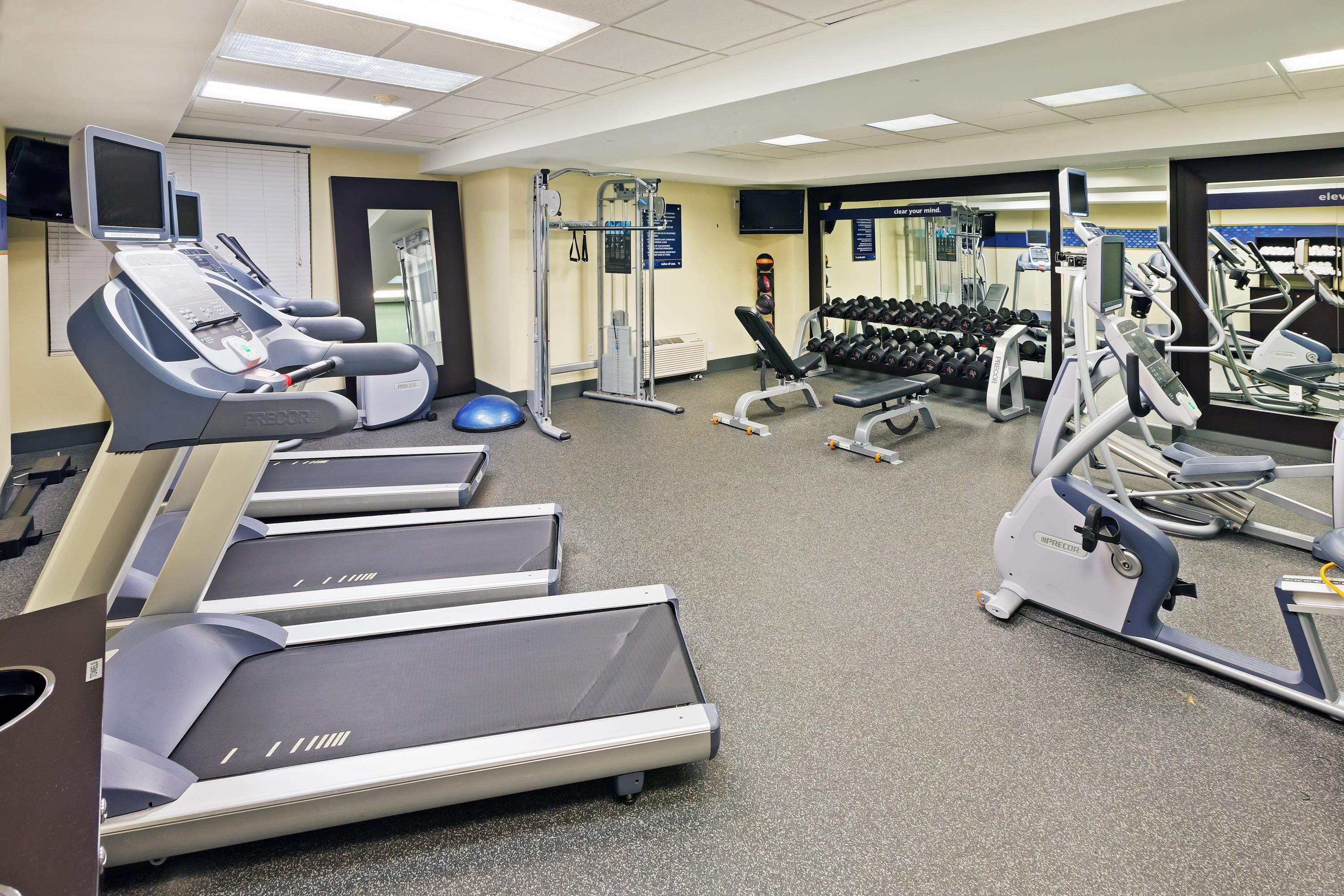 A gym with treadmills, weight machines, and free weights.