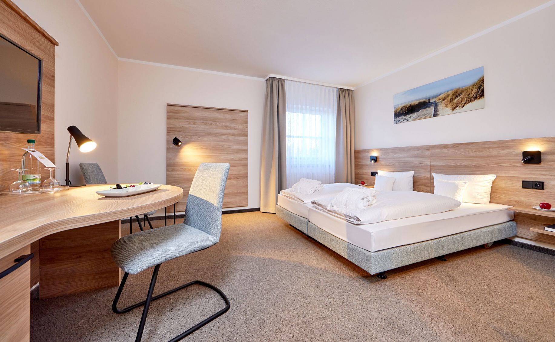 Minibar, desk, laptop workspace, soundproofing