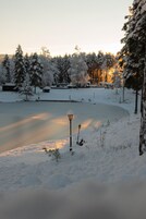 A snow-covered landscape with a frozen lake, snow-laden trees, and a lamp post.