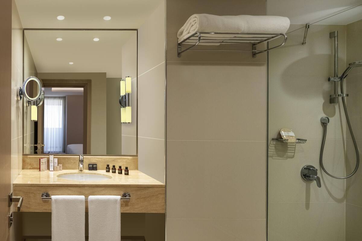 A modern bathroom with a large mirror, two sinks, a shower, and a towel rack.