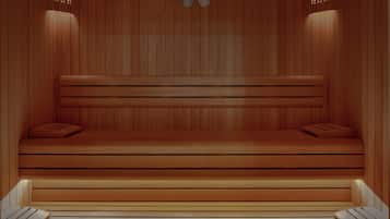 Una sauna de madera con bancos y dos relojes en la pared.