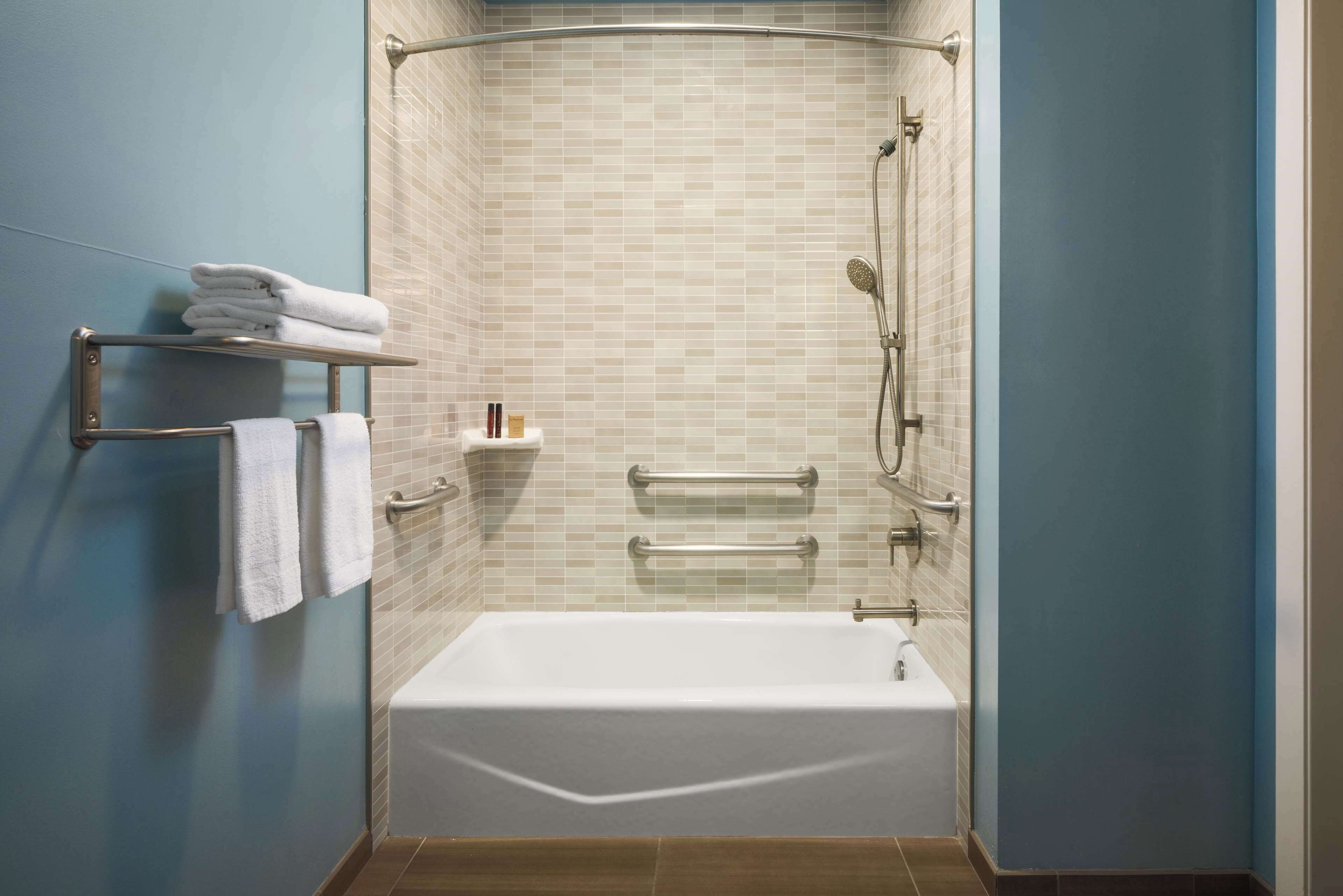 standard room, 1 king bed, accessible, refrigerator & microwave | bathroom | combined shower/bathtub, free toiletries, hair dryer, towels