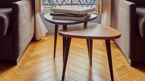 A room with a wooden floor, two leather armchairs, a small round table with books, a window with a view of a balcony, and a potted plant. - Hôtel Petit Lafayette (Paris)