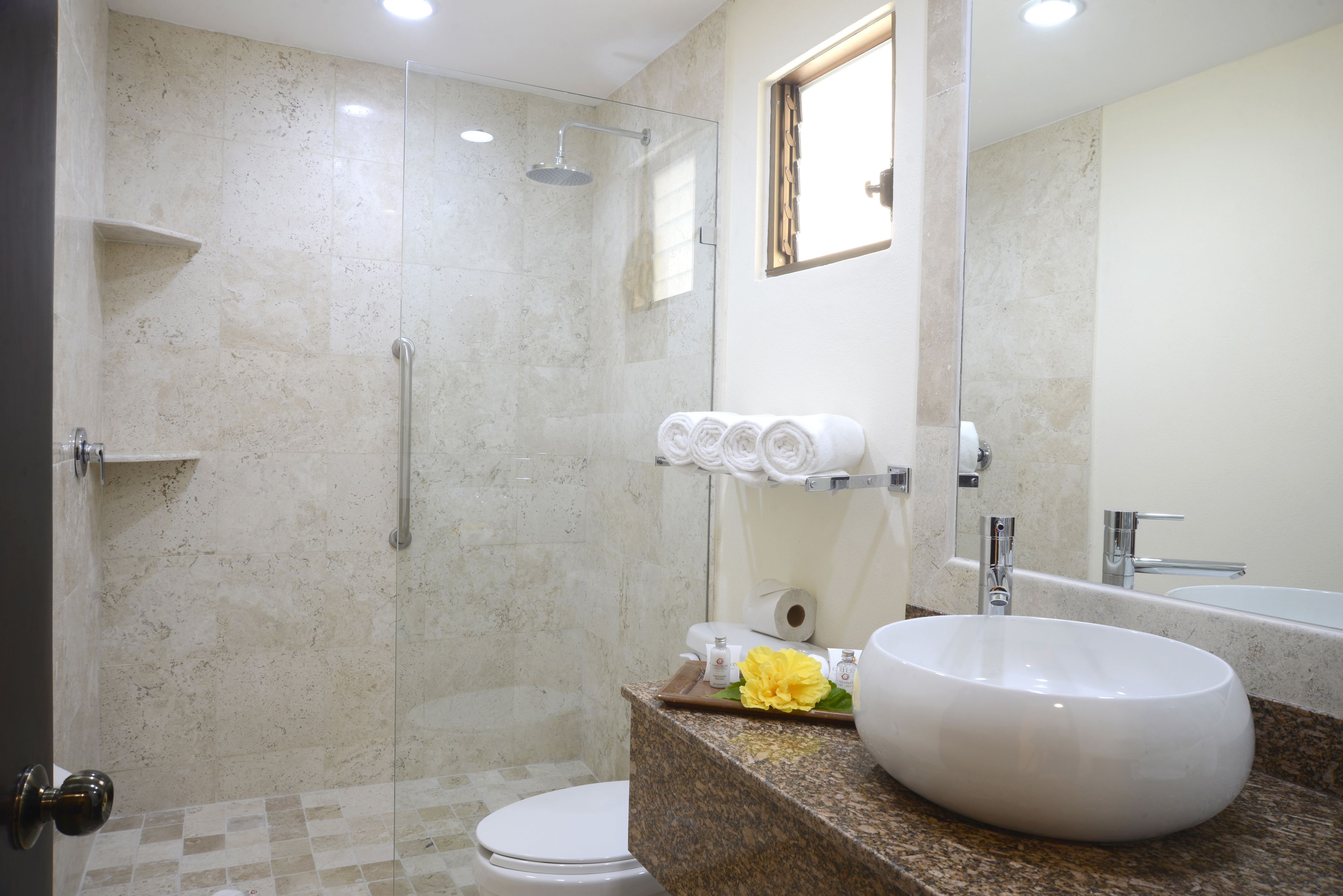 Een moderne badkamer met een douche met glazen wand, een witte wastafel en een spiegel boven de wastafel.