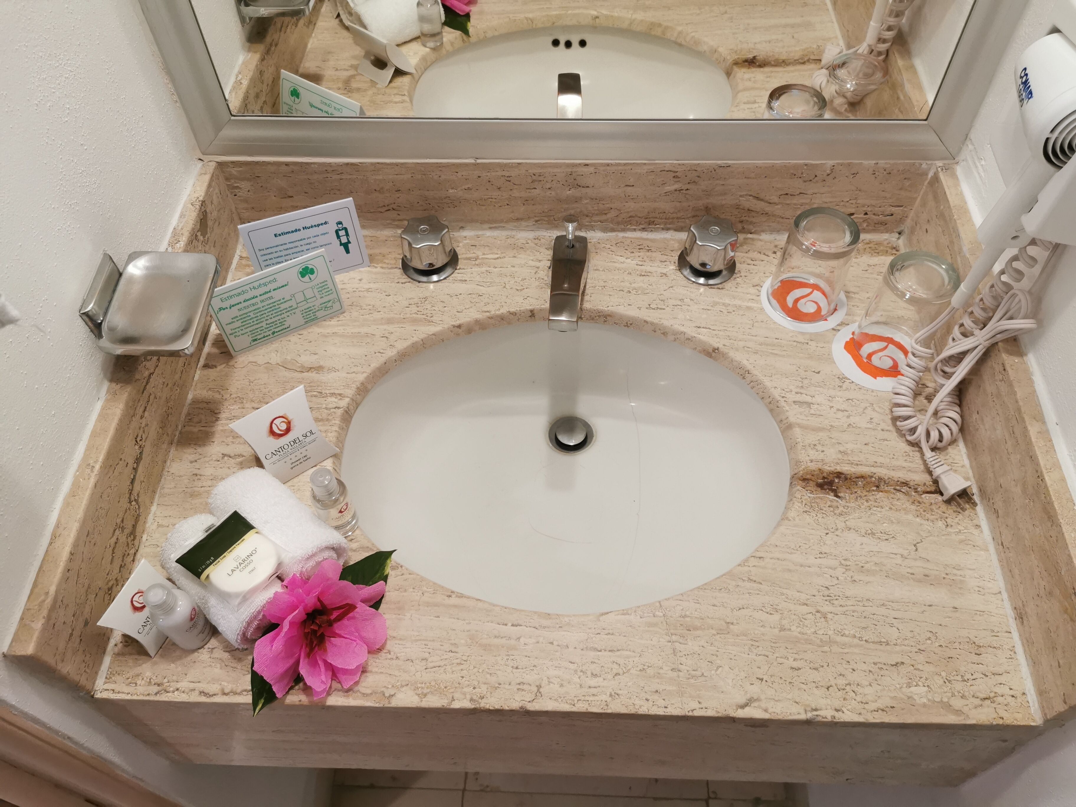 Ein Waschbecken mit Spiegel, einer Handseifen-Spender, einer Papiertuchbox und einer Blume.