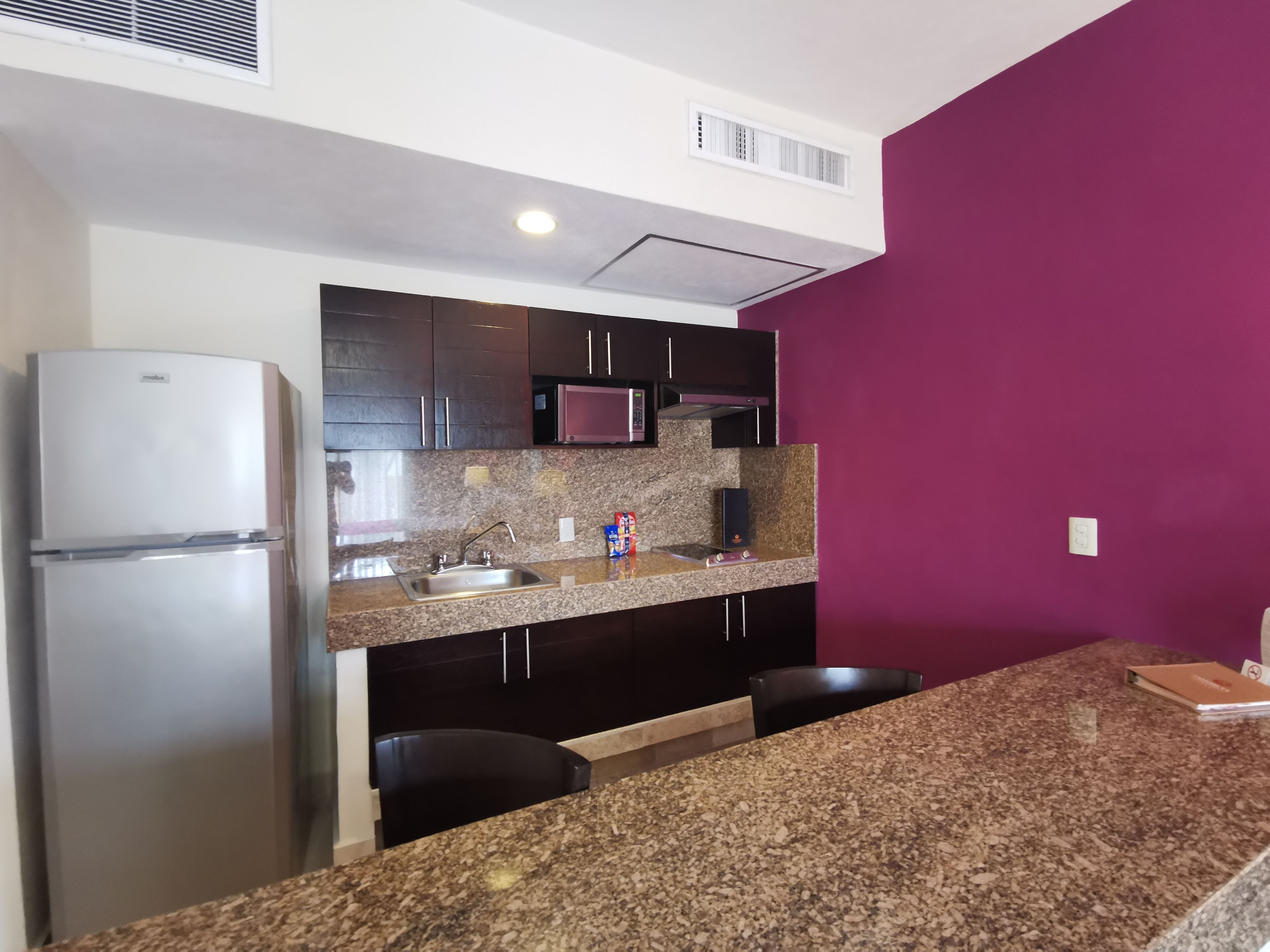 Cocina compacta con refrigerador, microondas, encimera de granito y gabinetes oscuros.