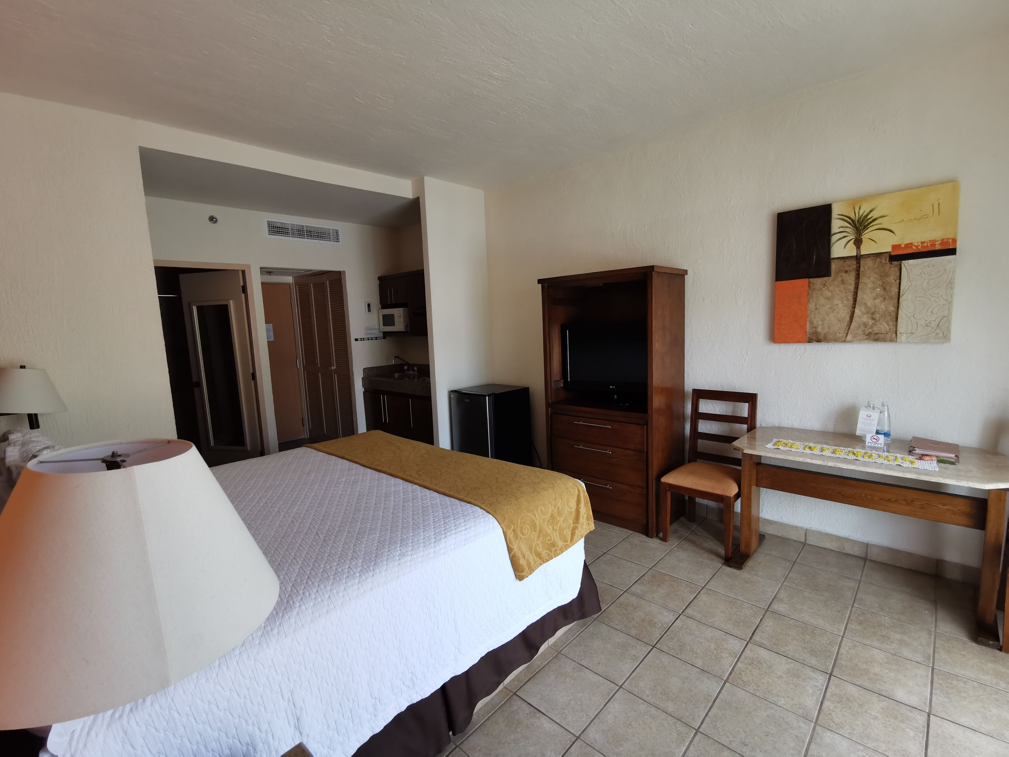 A hotel room with a bed, a desk, a television, a microwave, and a wardrobe.