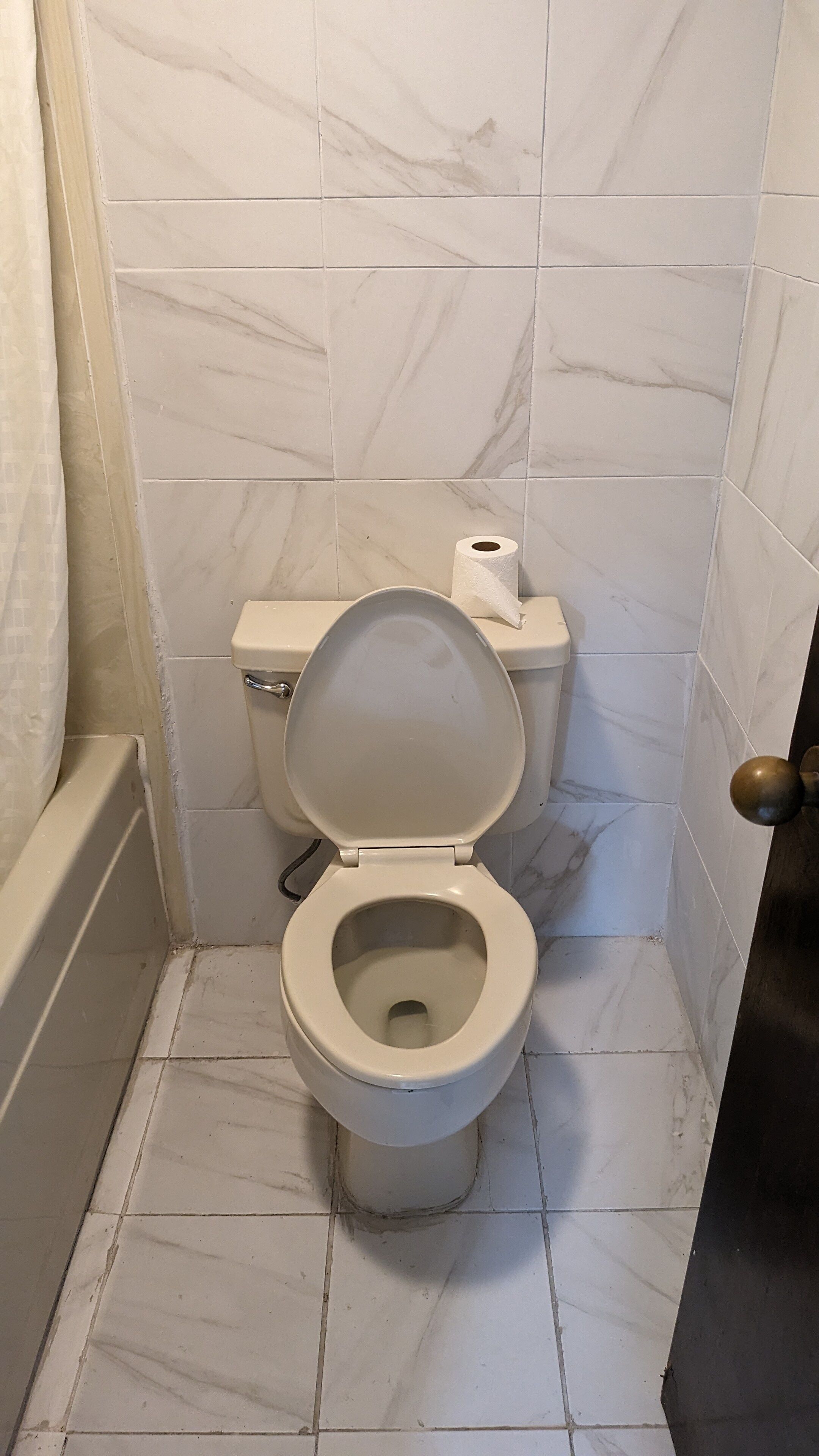 Ein Badezimmer mit Toilette, Toilettenpapier und einer Badewanne.
