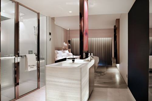 Shower, rainfall showerhead, designer toiletries, hair dryer