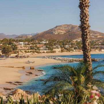 A beachfront dining table with a view of a beach, palm trees, and a mountain in the background.