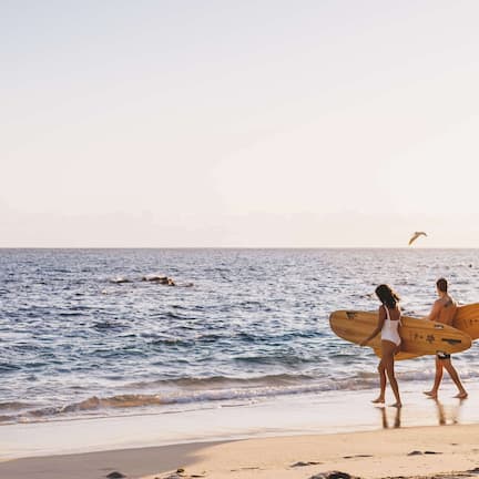 A beach scene with two people carrying surfboards, a clear sky, and calm sea.