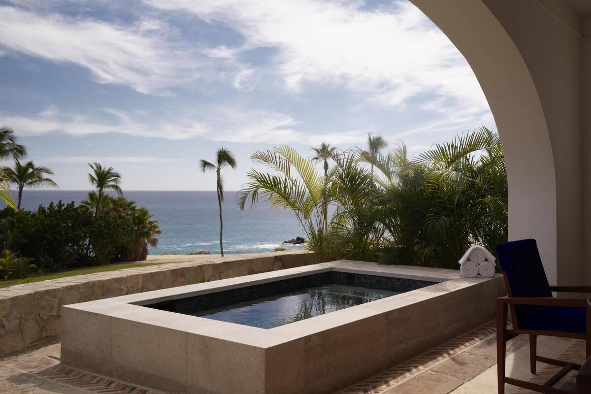 A pool with a view of the ocean, surrounded by palm trees and a chair.