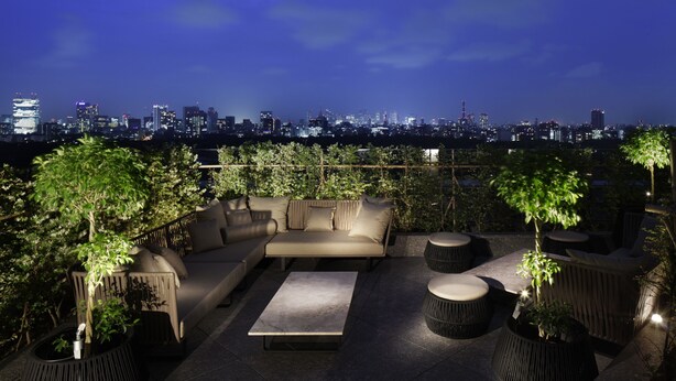 Un salon de plein air situé sur un toit, avec un canapé, une table basse et des jardinières, offrant une vue sur le panorama urbain illuminé la nuit.