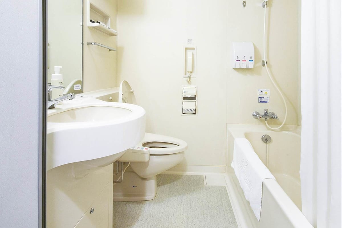 combined shower/bathtub, free toiletries, hair dryer, slippers