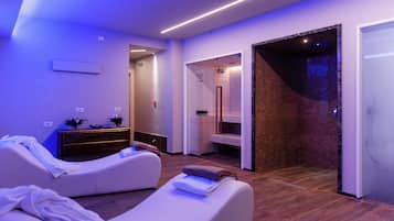 Relax in a calm atmosphere with a comfortable sofa and a bench for unwinding.