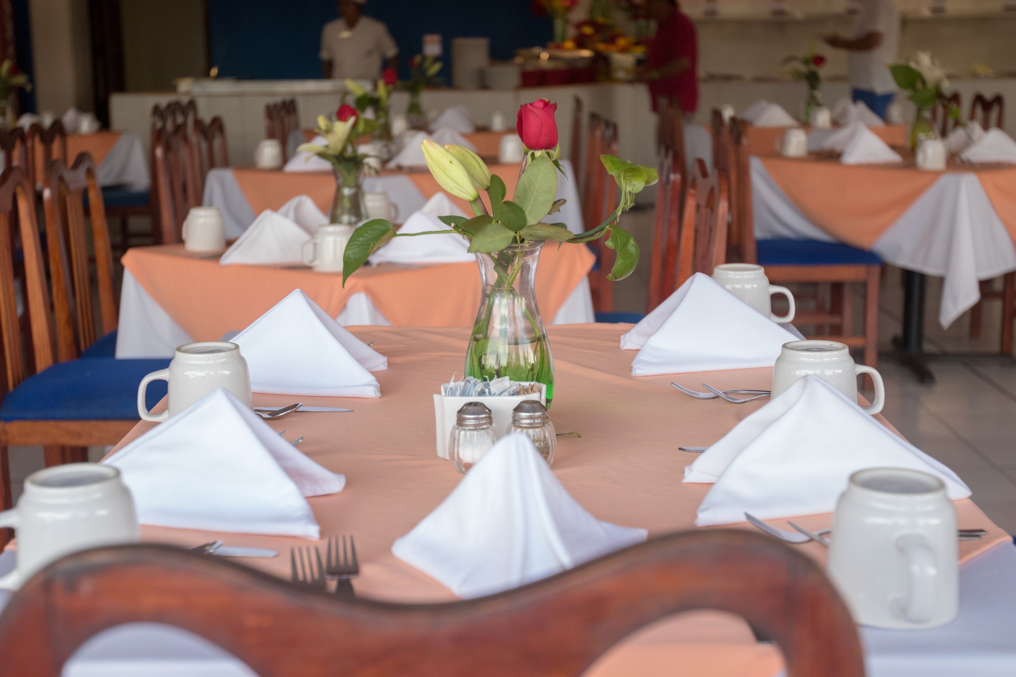 Una mesa de comedor dispuesta con servilletas blancas, cubiertos y un florero con una rosa. Las mesas están cubiertas con manteles naranja y las sillas son de madera.