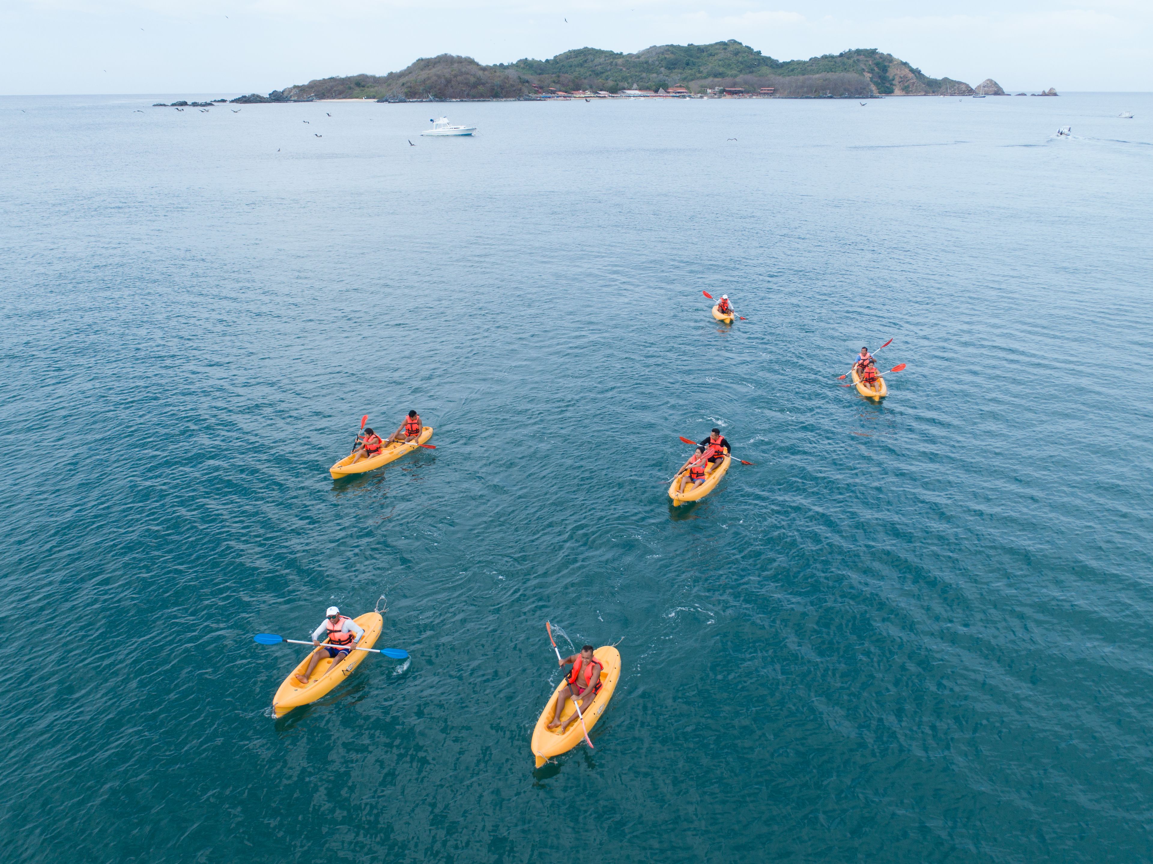 A group of people kayaking on a calm sea with a distant island.