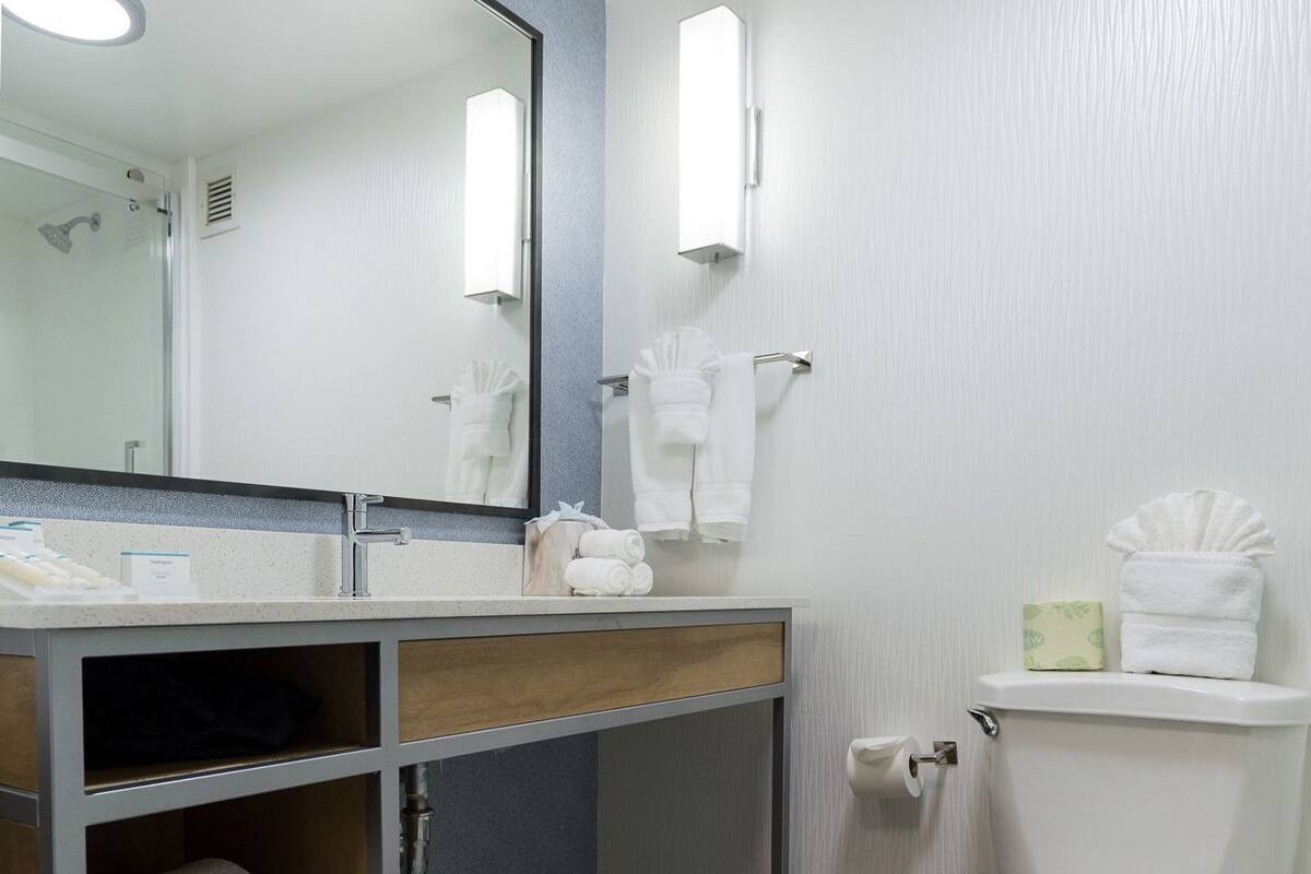 A bathroom with a toilet, sink, mirror, towel rack, and a trash bin.