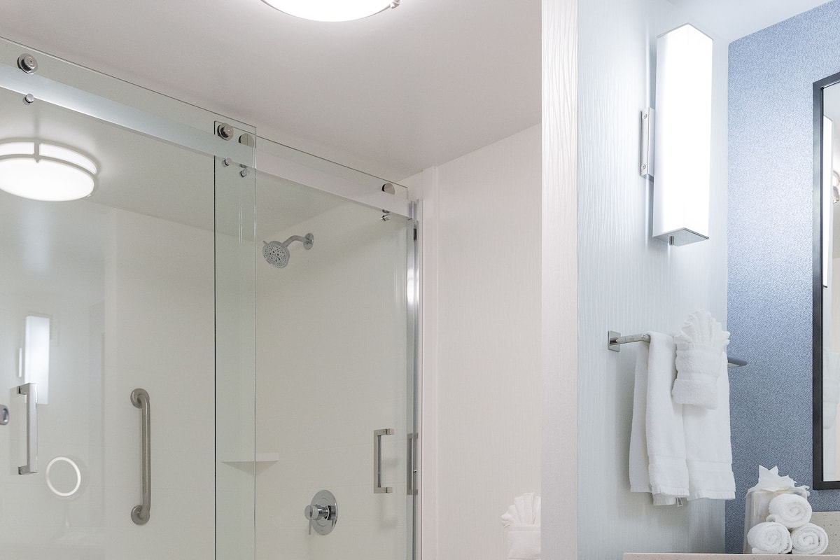 Shower, free toiletries, hair dryer, towels