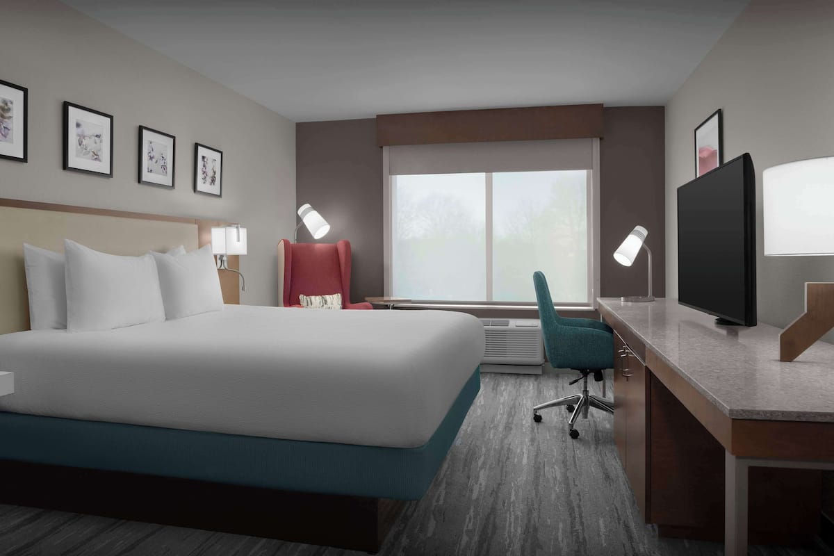 A hotel room with a large bed, a desk, a chair, a television, and framed pictures on the wall.
