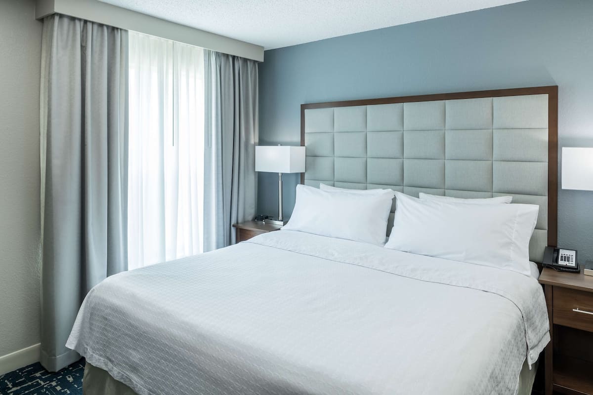 Camera d'albergo con un letto grande, un comodino con una lampada e vista all'esterno attraverso tende leggere.