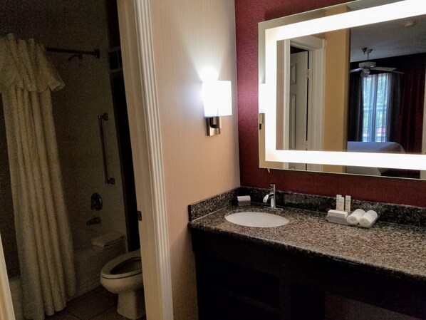 A bathroom with a sink, mirror, and toilet. - Homewood Suites by Hilton Longview (Longview)