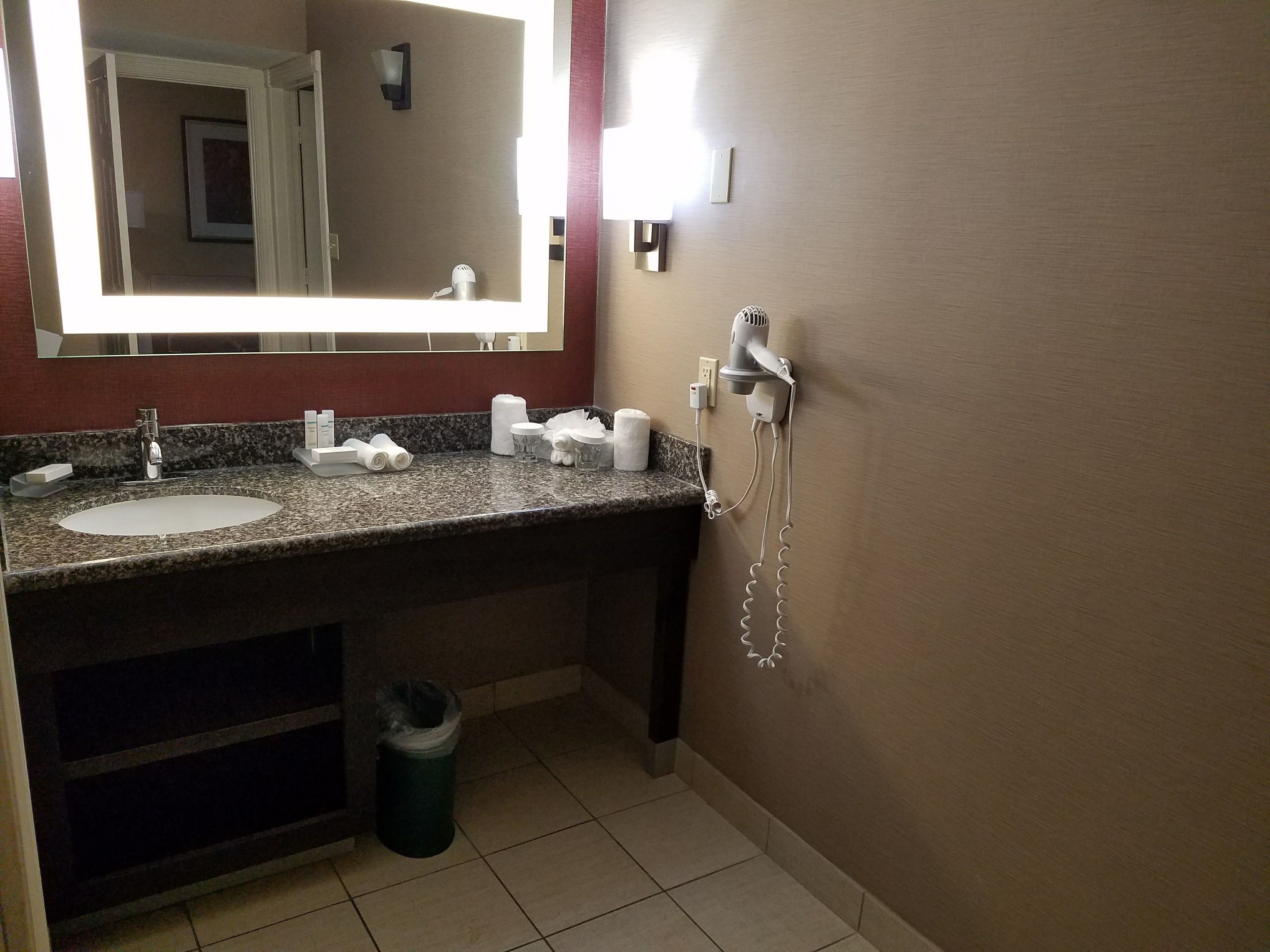 Un baño con dos lavamanos, un espejo, un secador de pelo y un cubo de basura.