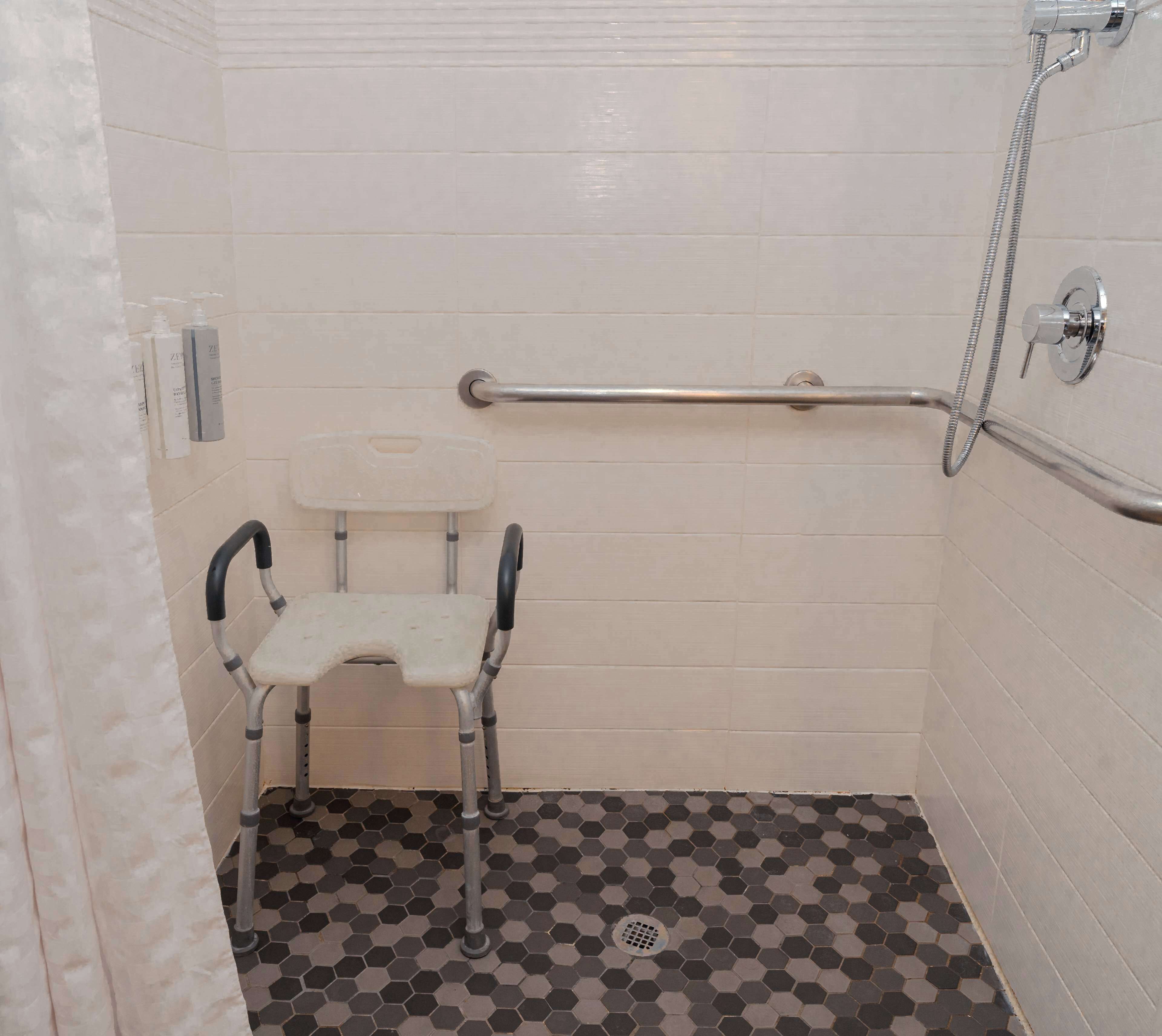 A wheelchair-accessible shower stall with a grab bar, a toilet, and a floor drain.