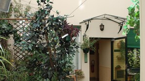A covered courtyard with potted plants and a door leading to an interior space. - Hotel Transcontinental (Paris)