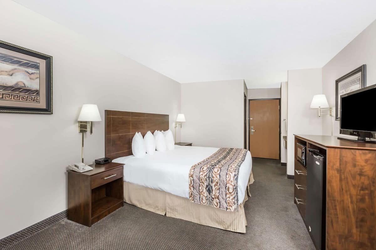 Une chambre d’hôtel avec un lit, des tables de chevet, une télévision, une armoire et une porte.
