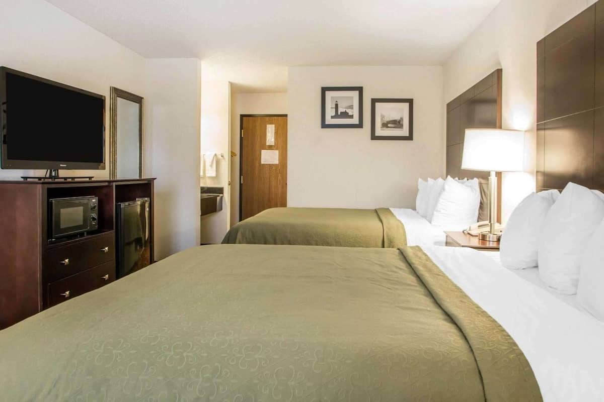 A hotel room with two beds, a TV, a microwave, and a refrigerator.