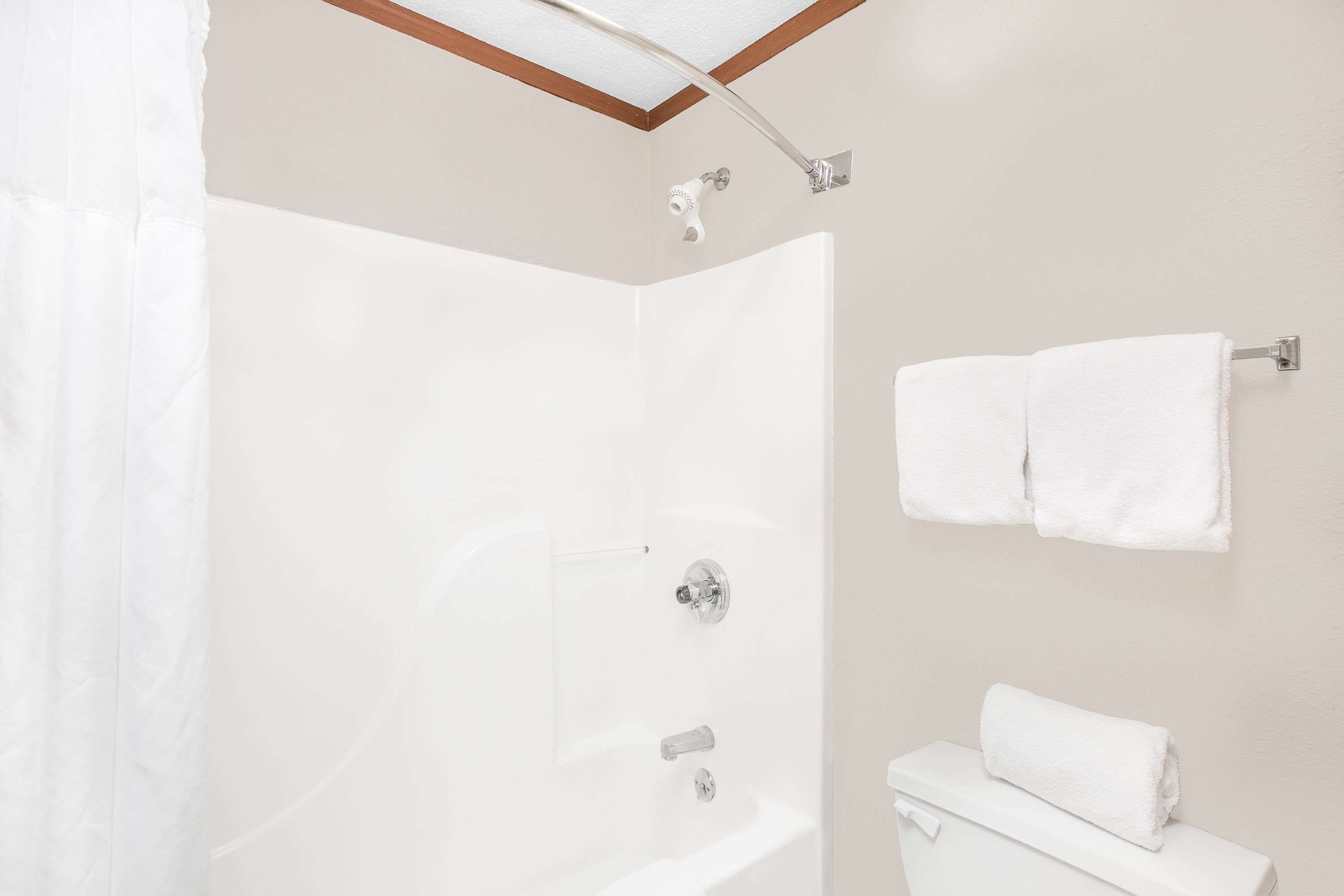 A bathroom with a shower, toilet, and towel rack.
