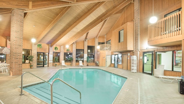 En inomhuspool med ett träbeklätt tak och väggar av tegel, omgiven av solstolar och krukväxter.