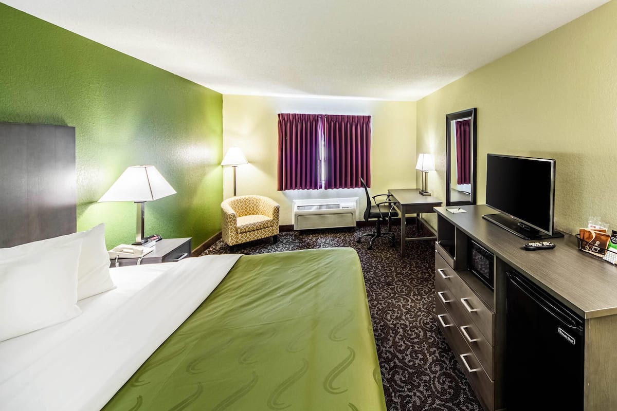 A hotel room with a bed, a desk, a chair, a television, and a minibar.