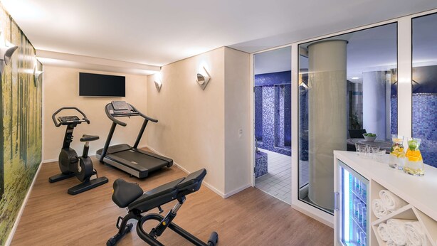 A modern home gym with exercise equipment, a TV, and a glass door leading to a balcony with a blue-tiled area. - NH Berlin Alexanderplatz (Berlin)