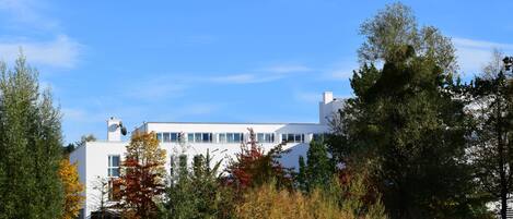 A modern building with a flat roof, surrounded by trees and greenery.