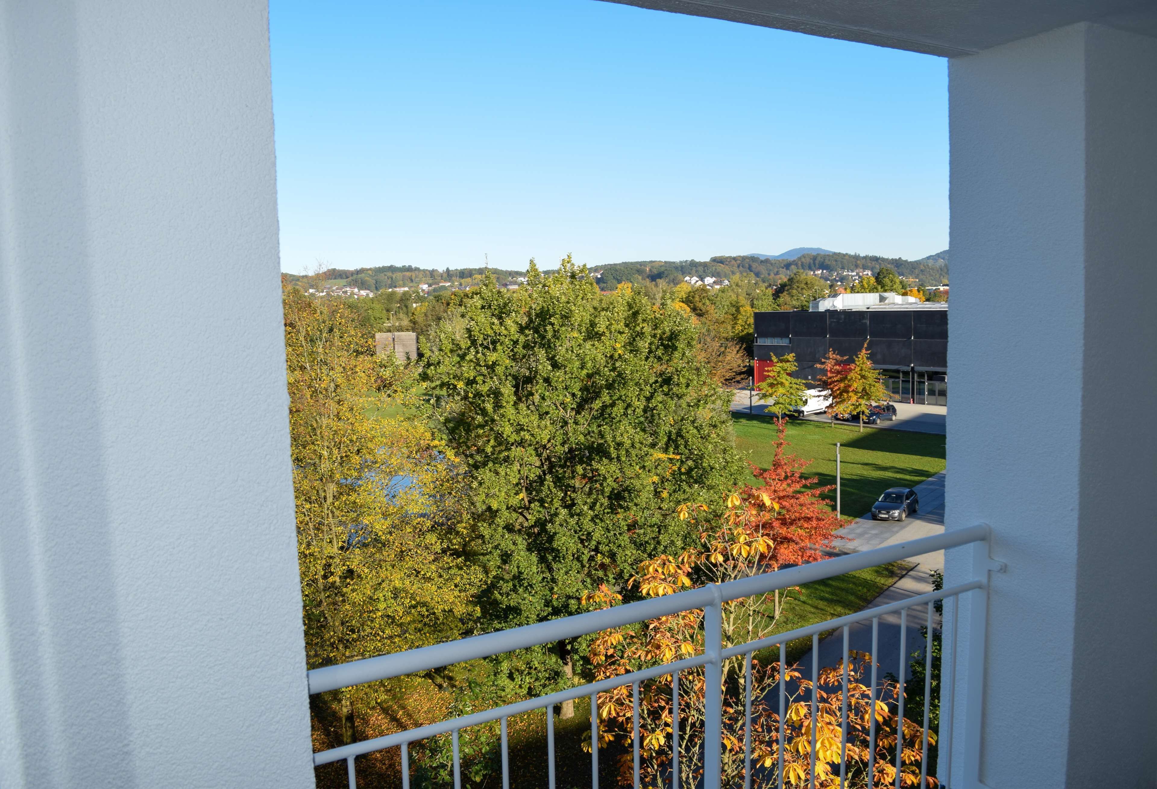 Ein Balkon mit Blick auf ein Wohngebiet, einschließlich Häuser und Bäume.