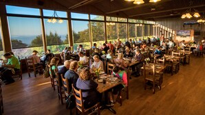 A spacious restaurant with large windows offering a scenic view, wooden tables and chairs, and warm lighting. - Skyland (Luray)