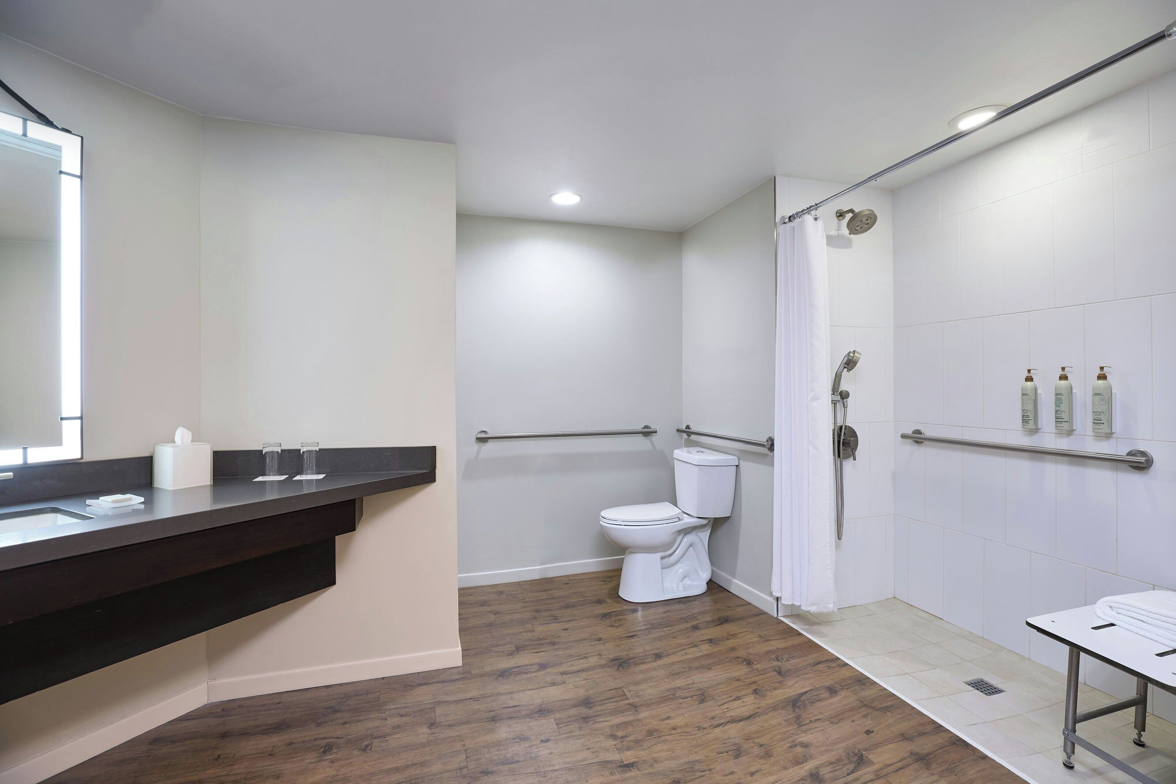 combined shower/bathtub, free toiletries, hair dryer, towels