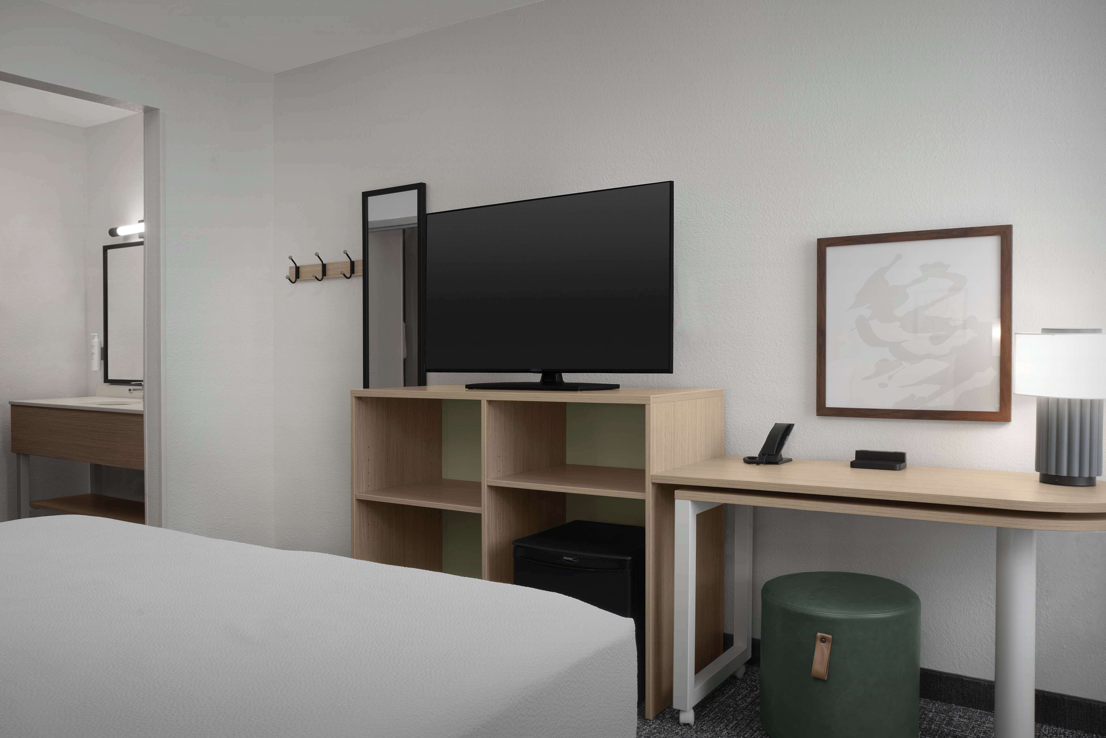 Habitación de hotel con cama, escritorio con televisor de pantalla plana, espejo, cuadro enmarco y un cubo de basura.