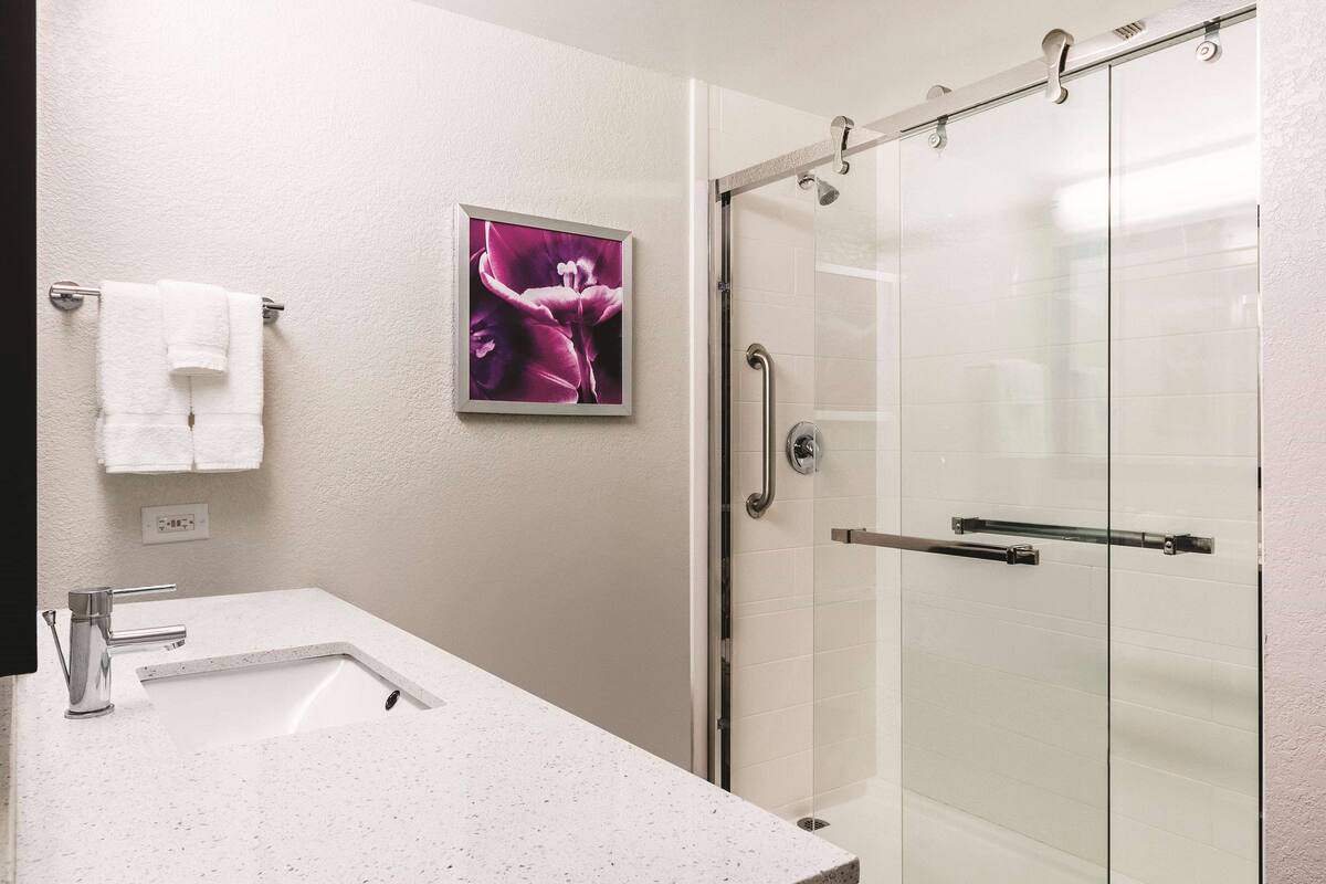 A modern bathroom with a glass shower enclosure, a white sink with a single faucet, and a framed picture on the wall.