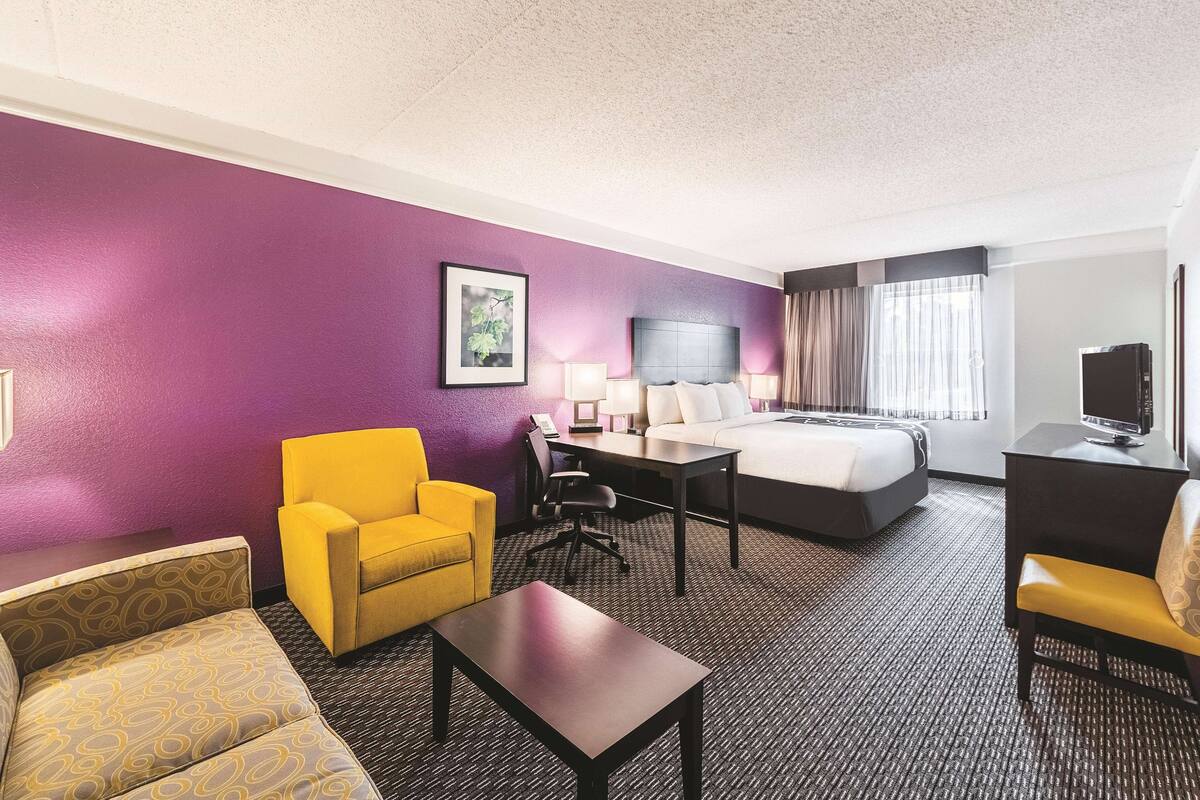 A hotel room with a purple wall, a bed, a desk with a TV, a yellow armchair, and a patterned sofa.