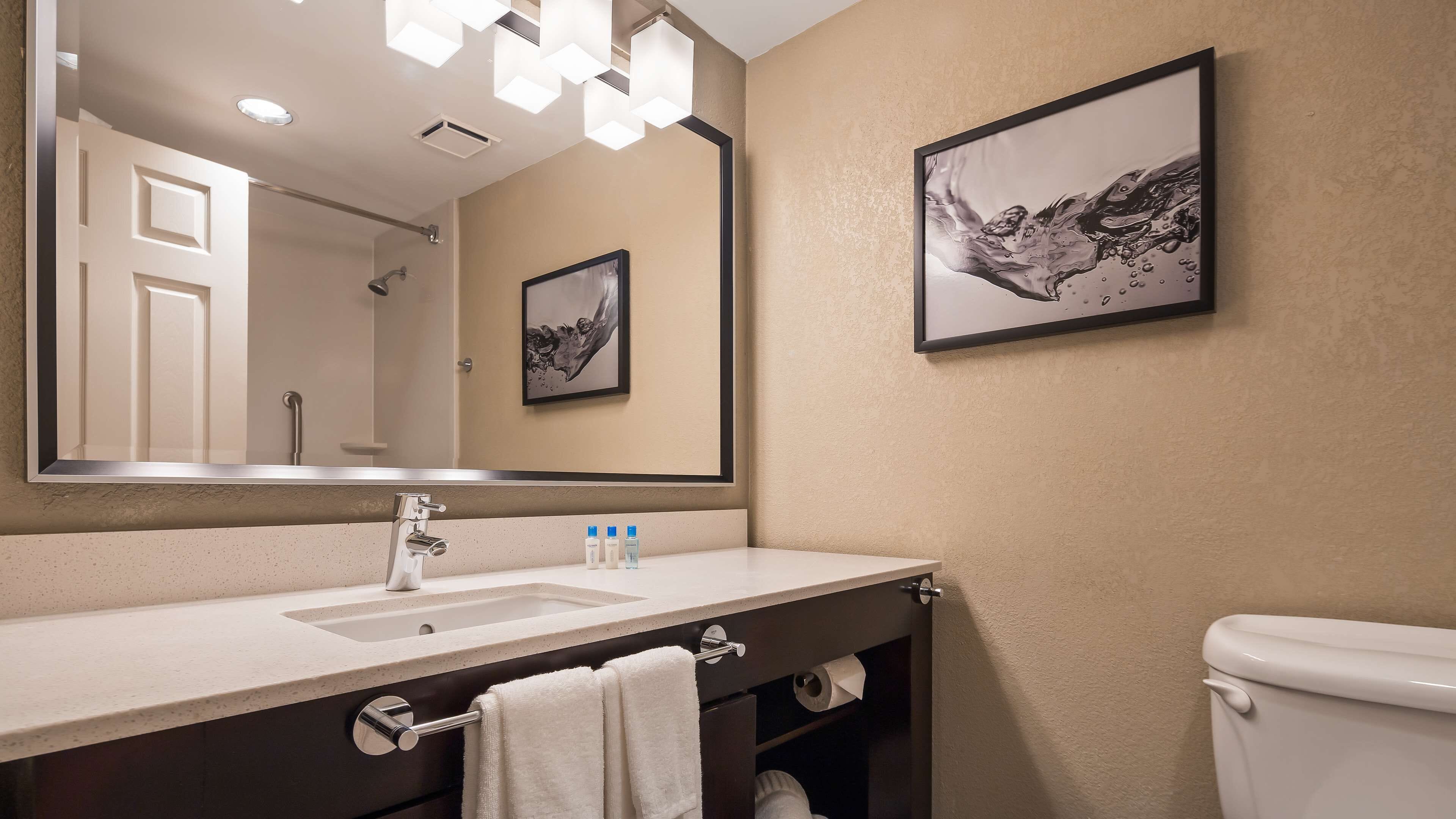 Un baño moderno con un espejo grande, un lavamanos, un inodoro y un cuadro enmarcado en la pared.