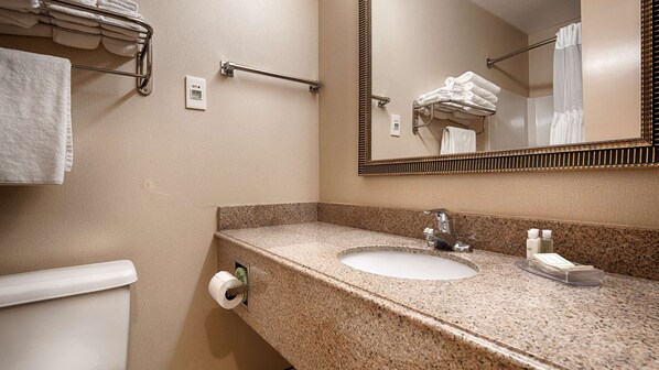 Un baño con encimera de granito, lavamanos, espejo, toallero y soporte para papel higiénico.